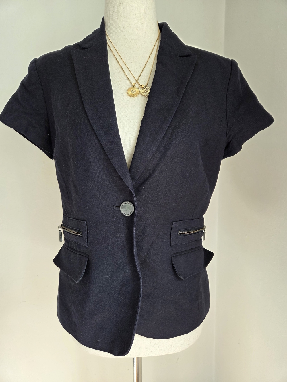 Calvin Klein Navy Short-Sleeve Tailored Blazer with Zipper Pockets